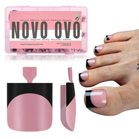 NOVO OVO front packaging display showing black French tip toes, clear quick pedicure solution