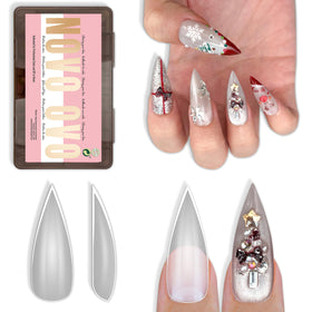 NOVO OVO front packaging showing full 224-piece stiletto tip kit and benefits
