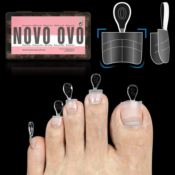 NOVO OVO front packaging of 240 soft gel toe tips showing quantity and sizes, useful for quick selection