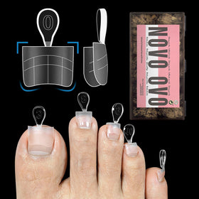 NOVO OVO front packaging showing 300 soft gel toe tips and kit contents for easy selection