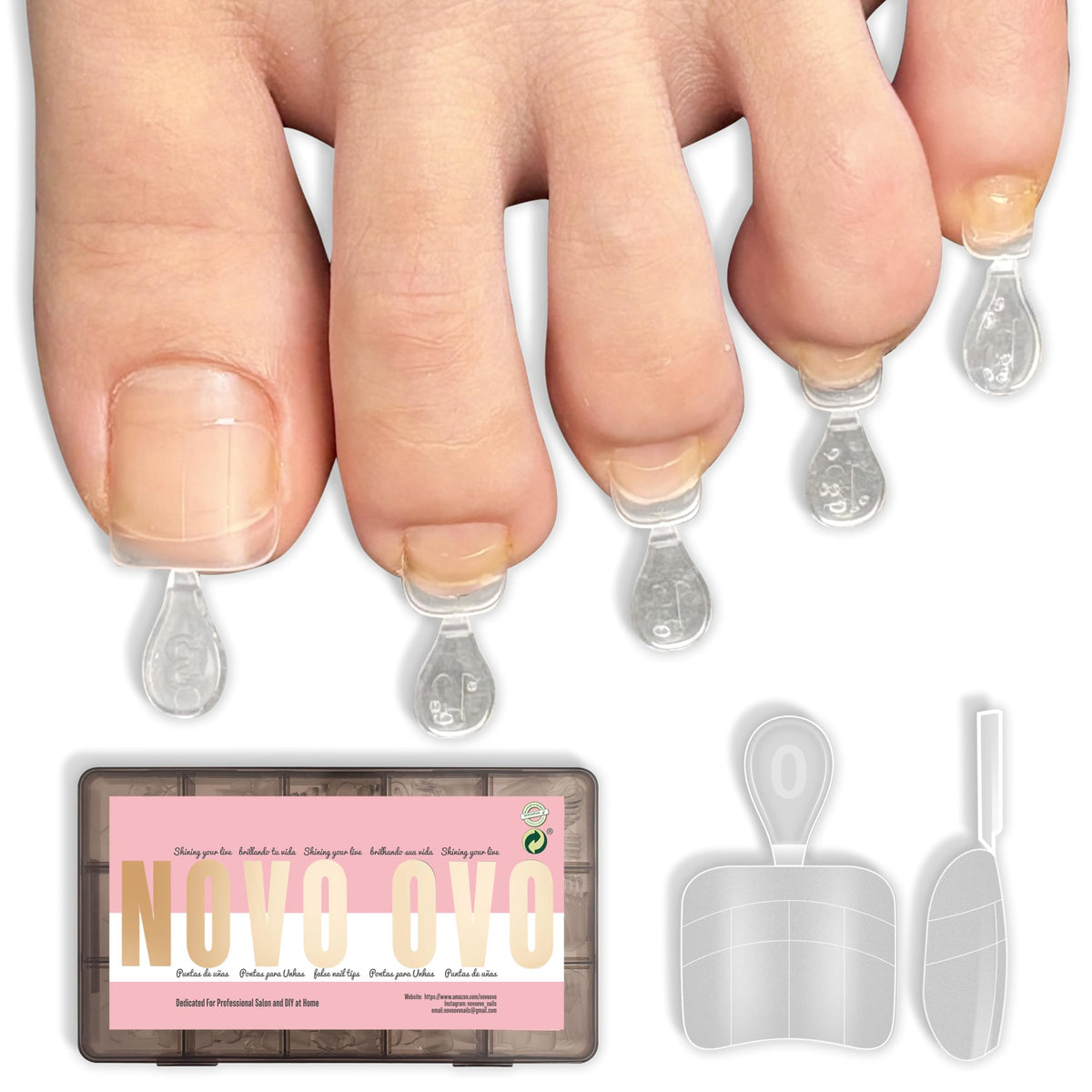 NOVO OVO front packaging of 240 soft gel toe nail tips showing full kit benefit