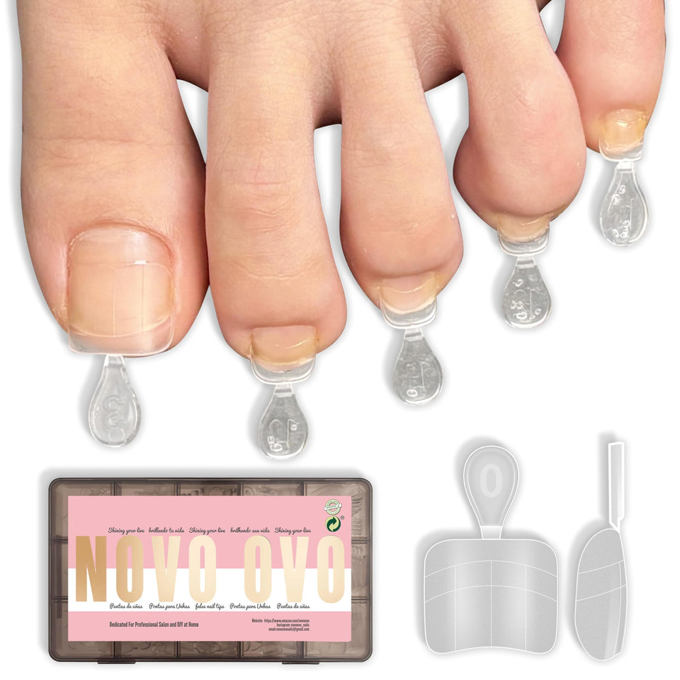 NOVO OVO front packaging of 240 soft gel toe nail tips showing full kit benefit