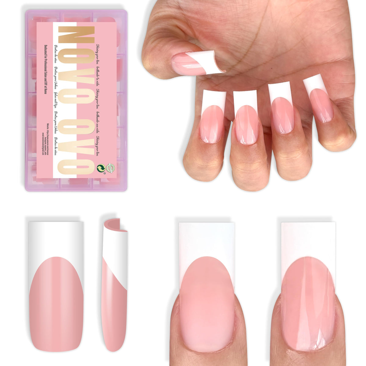 NOVO OVO front packaging showing 180-piece white French tip set and accessories for easy application