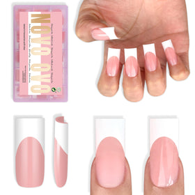 NOVO OVO front packaging showing 180-piece white French tip set and accessories for easy application