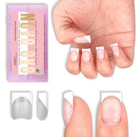 NOVO OVO front packaging showing 224 white French half-cover tips and sizes with clear organization
