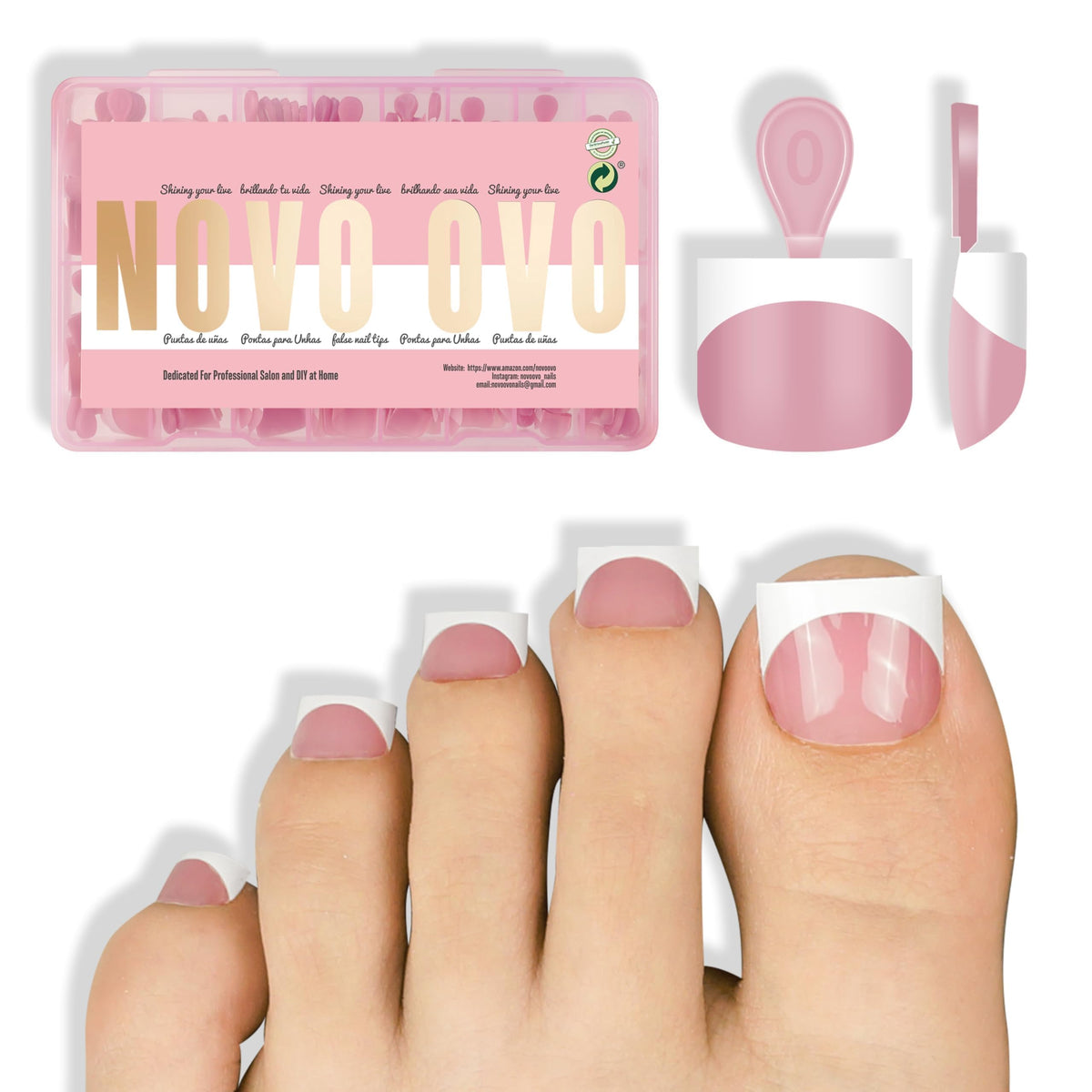 NOVO OVO front packaging showing 224 white French toe tips and kit benefits