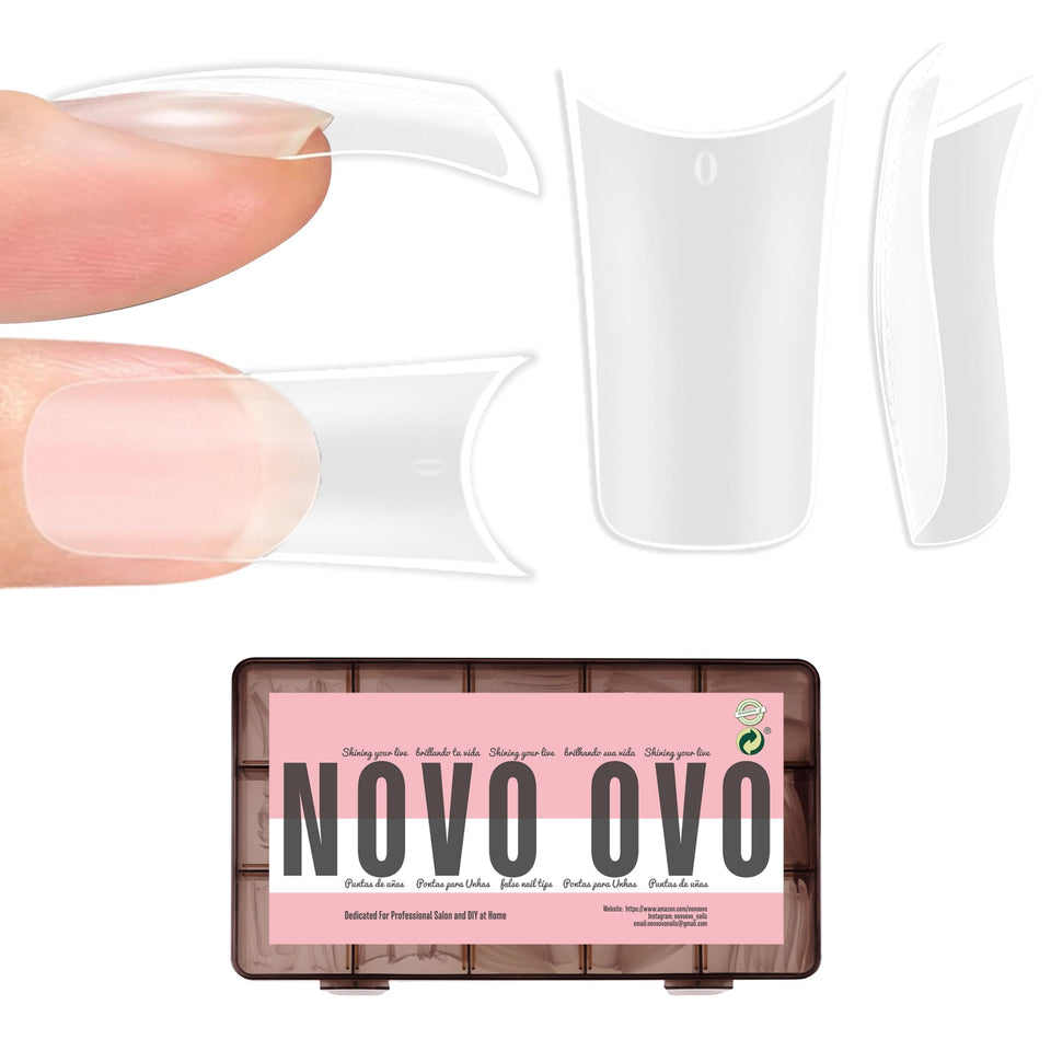 NOVO OVO front packaging showing 150-piece duck feet tips, clear set benefit