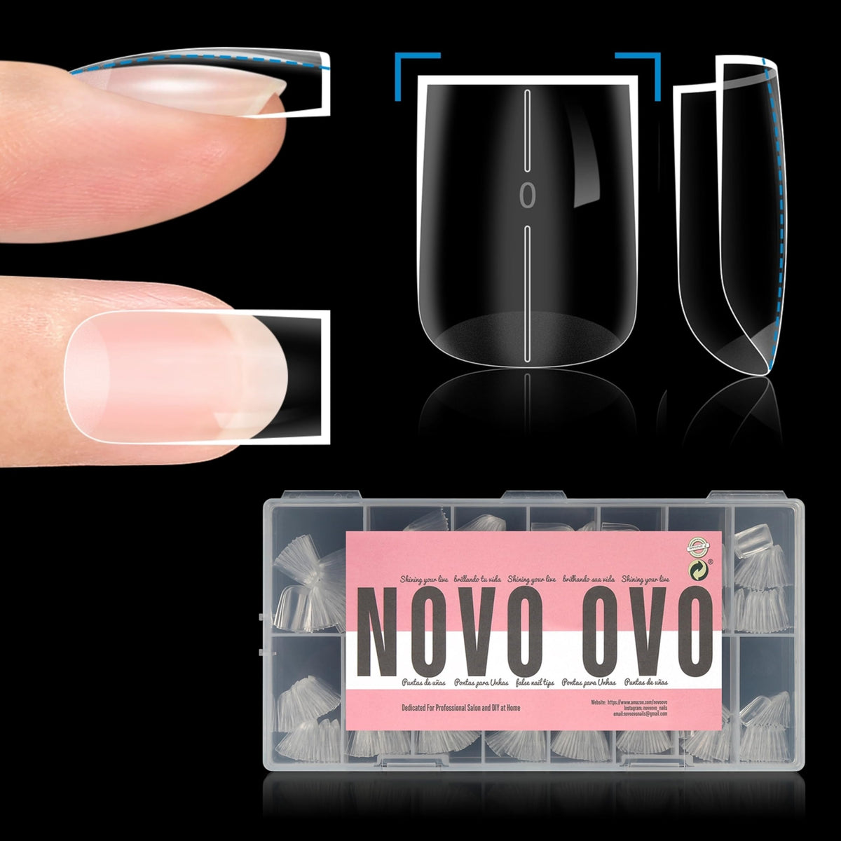 NOVO OVO front packaging showing 510-piece short square tips and kit benefits