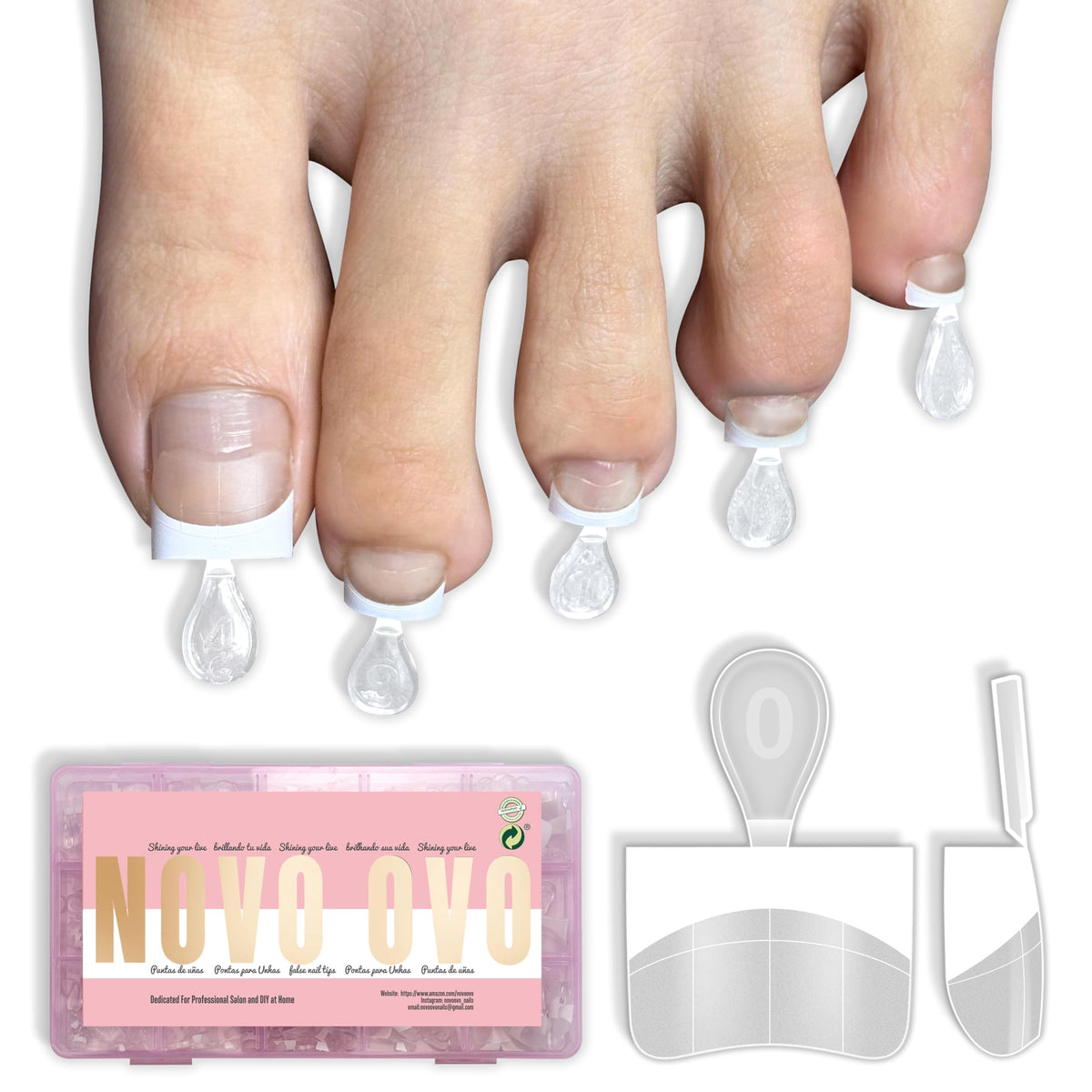 NOVO OVO front packaging showing 240-piece French tip set and benefits