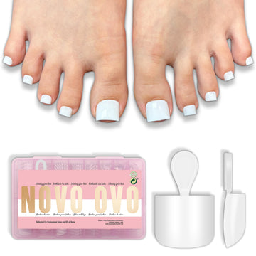 NOVO OVO front packaging showing 224-piece white toe tips and benefits