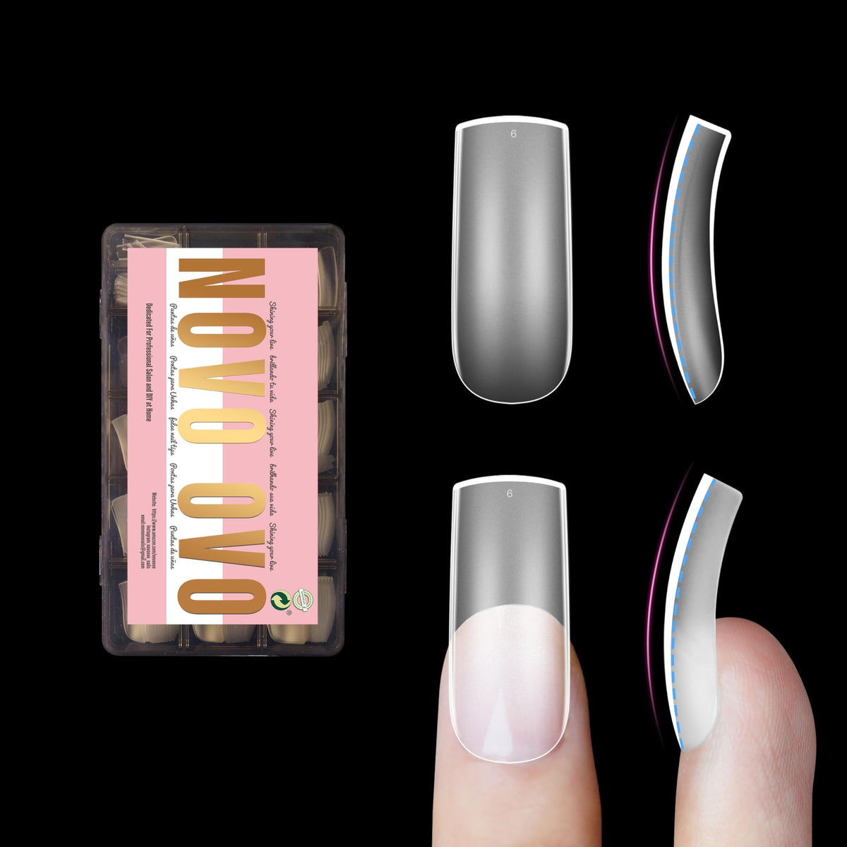 NOVO OVO front packaging showing 240pcs kit and clear tips for convenient storage