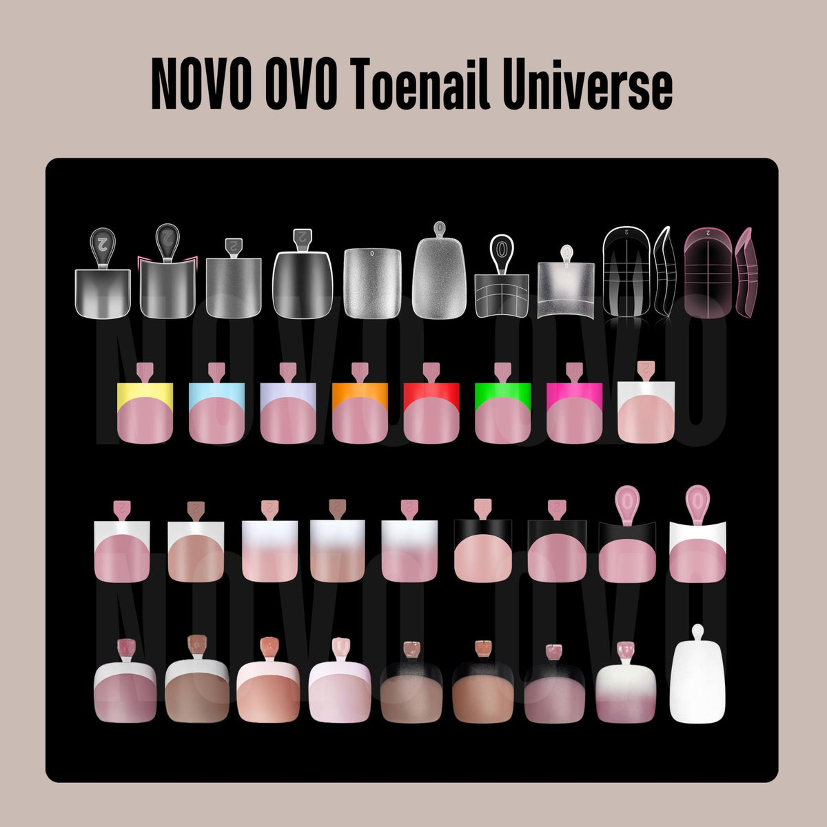 NOVO OVO open pack contents arranged to show pre-applied primer and full 240-piece set