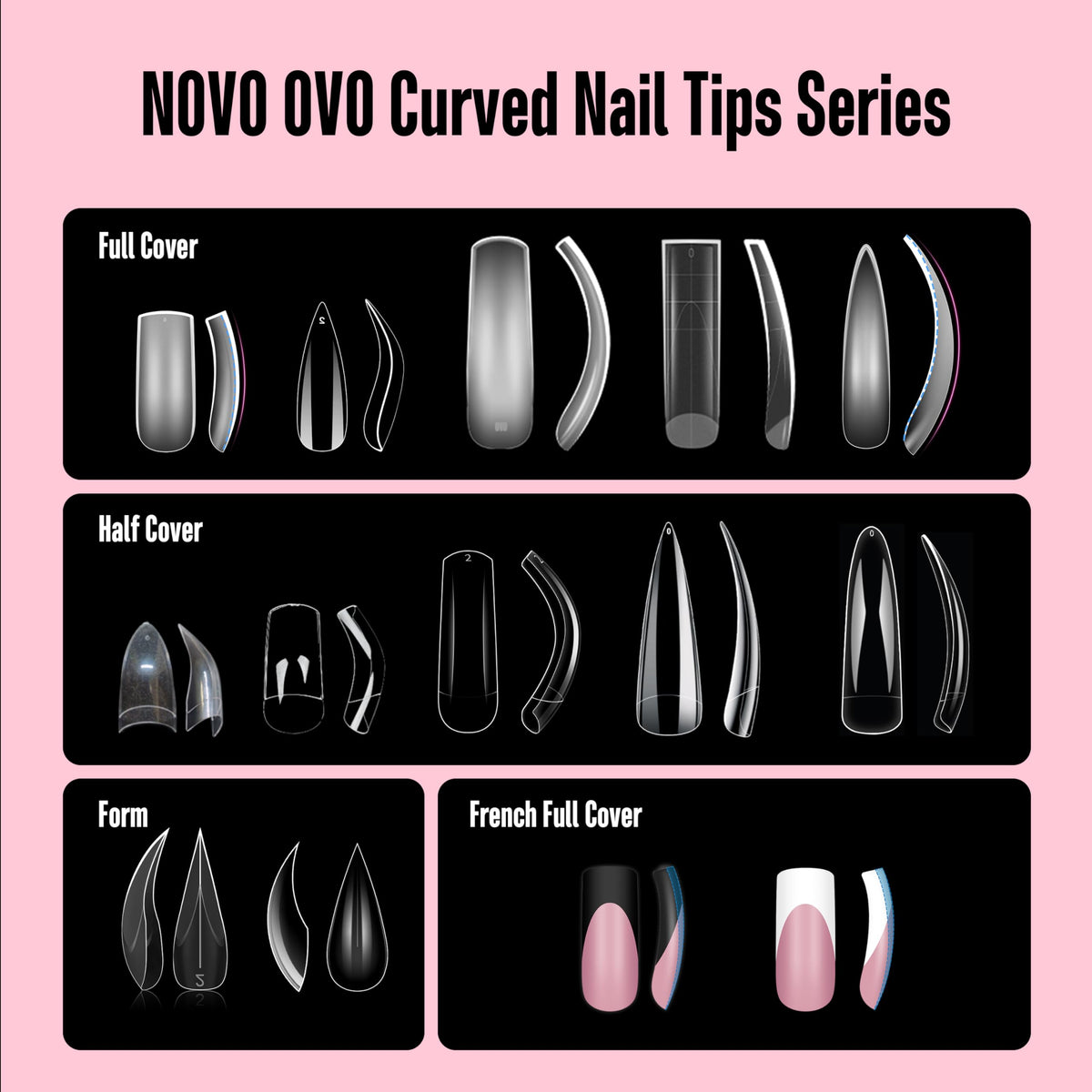 NOVO OVO spread of box contents, displays full 100-piece assortment and sizes