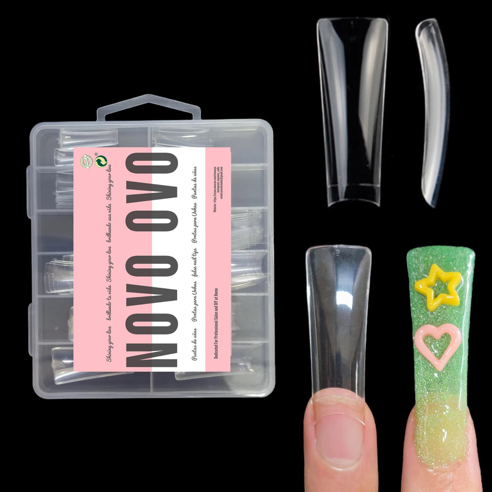NOVO OVO box front showing 110 XXL tips, easy storage benefit