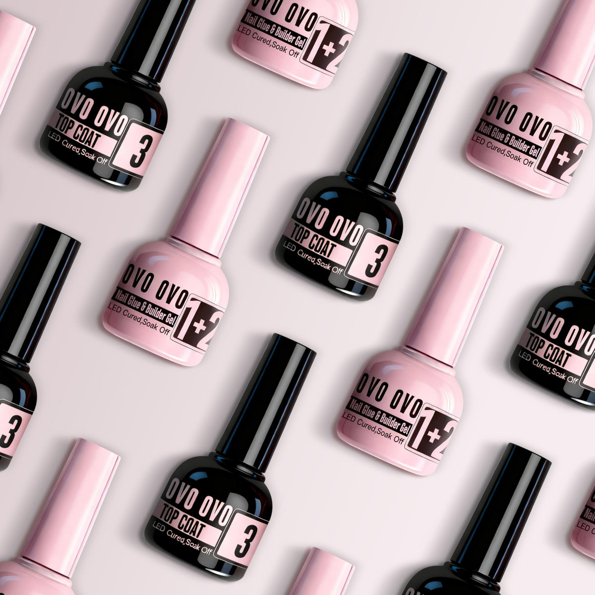 NOVO OVO pink bottle gel close-up highlighting dual glue and builder benefit