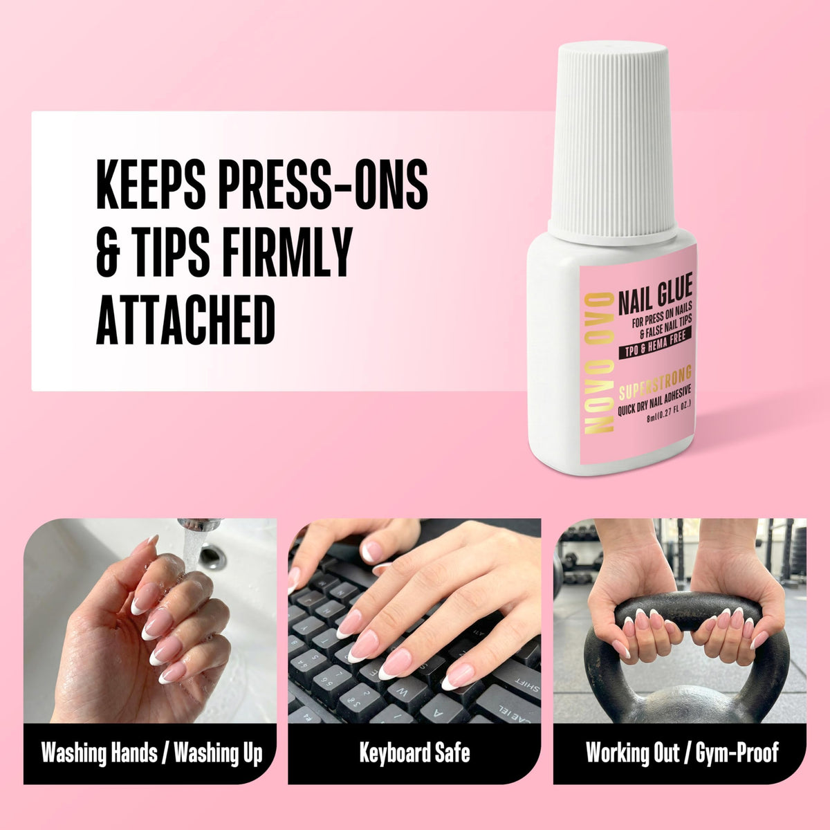 NOVO OVO in-use applying glue to press-on tips for fast adhesion