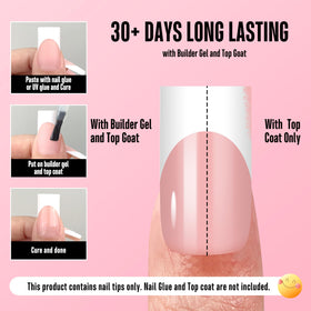 NOVO OVO worn manicure on model hand illustrating finished baby-pink French look and durability