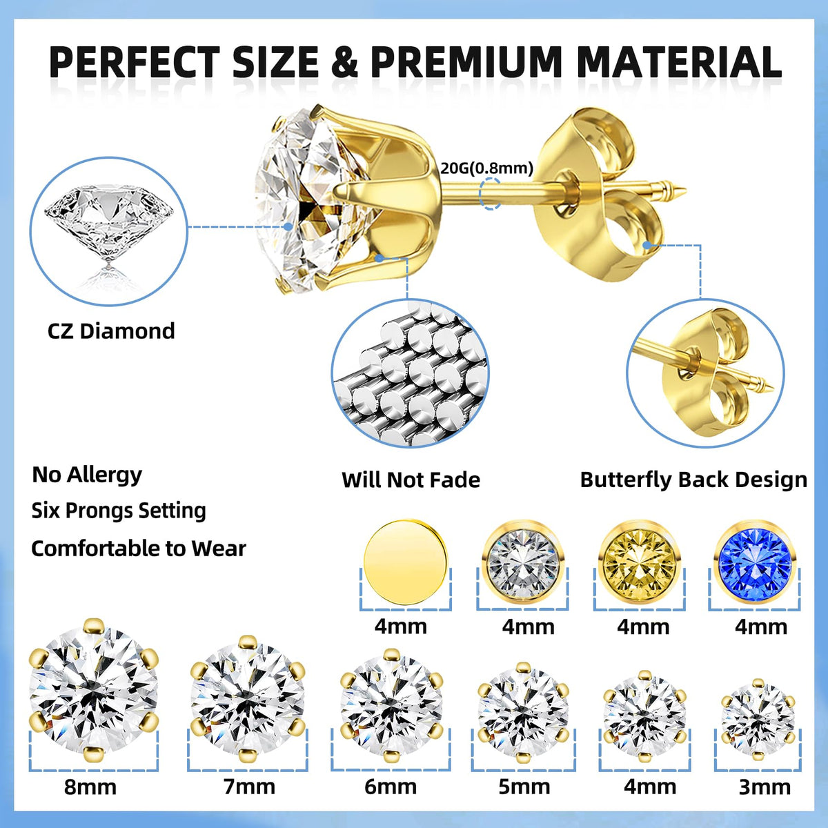 Novopiercing gold-plated cubic zirconia studs sparkling for style
