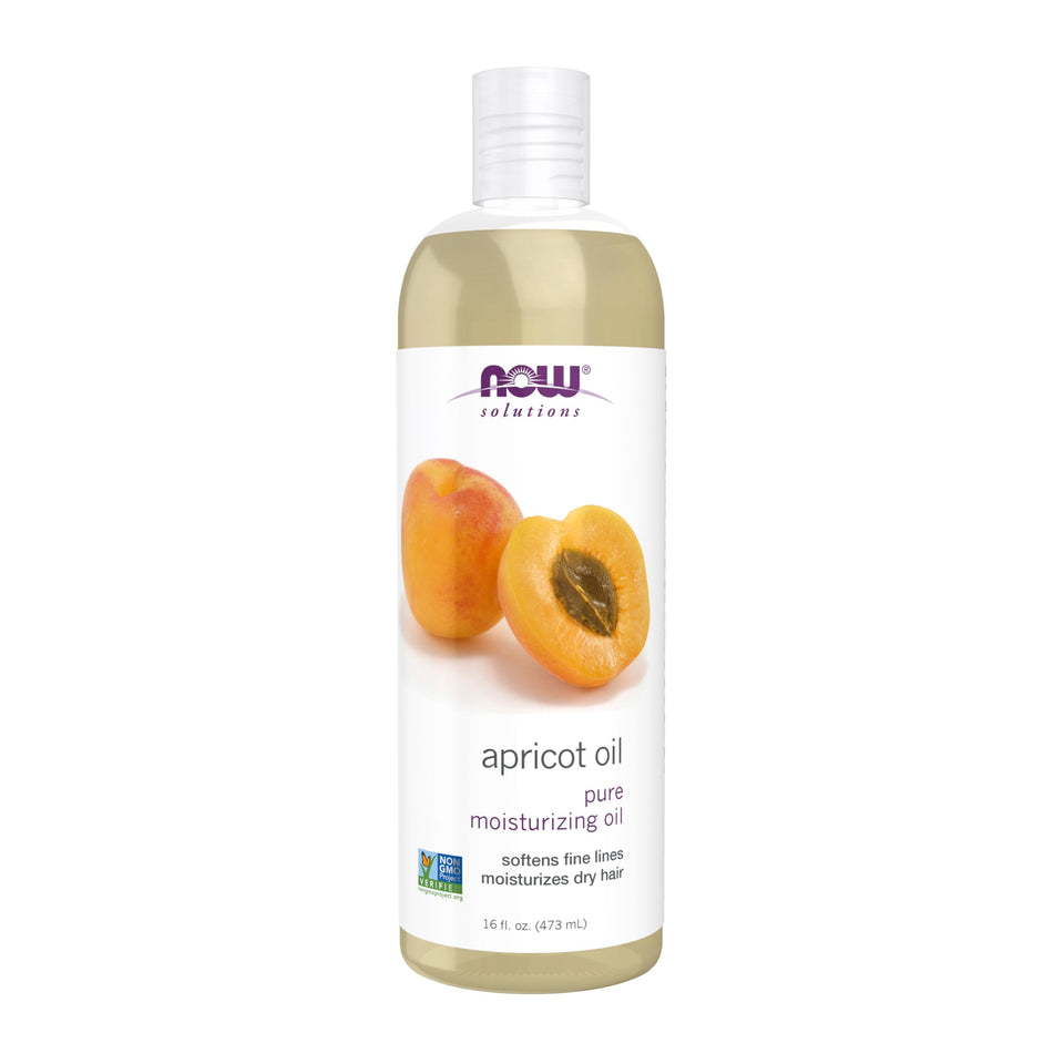 NOW Foods apricot kernel oil bottle front view showing clear packaging and size