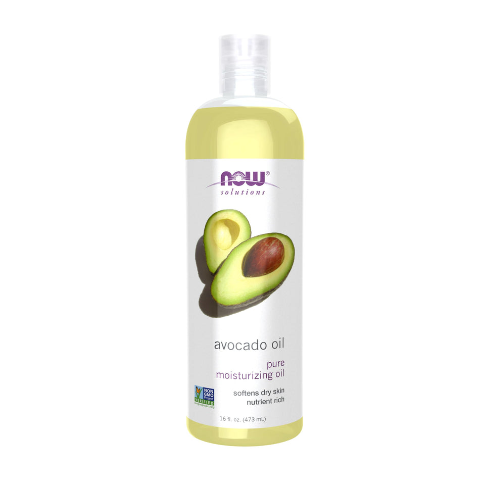 NOW avocado oil front bottle showing size and packaging benefit of UV protection