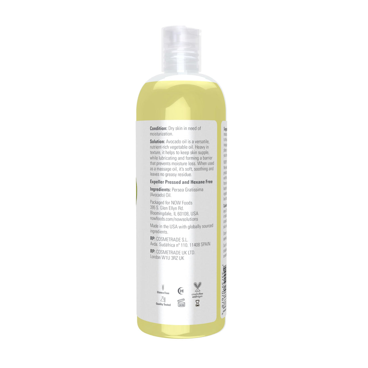 NOW avocado oil pouring from bottle demonstrating smooth flow and easy application