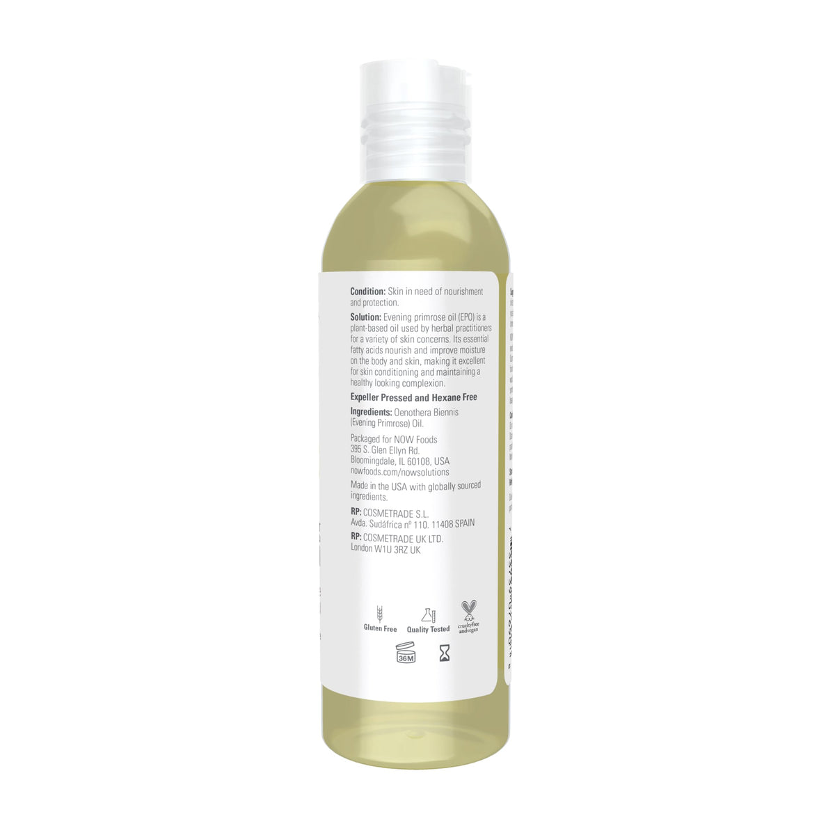 NOW Solutions label close-up highlighting pure evening primrose oil quality