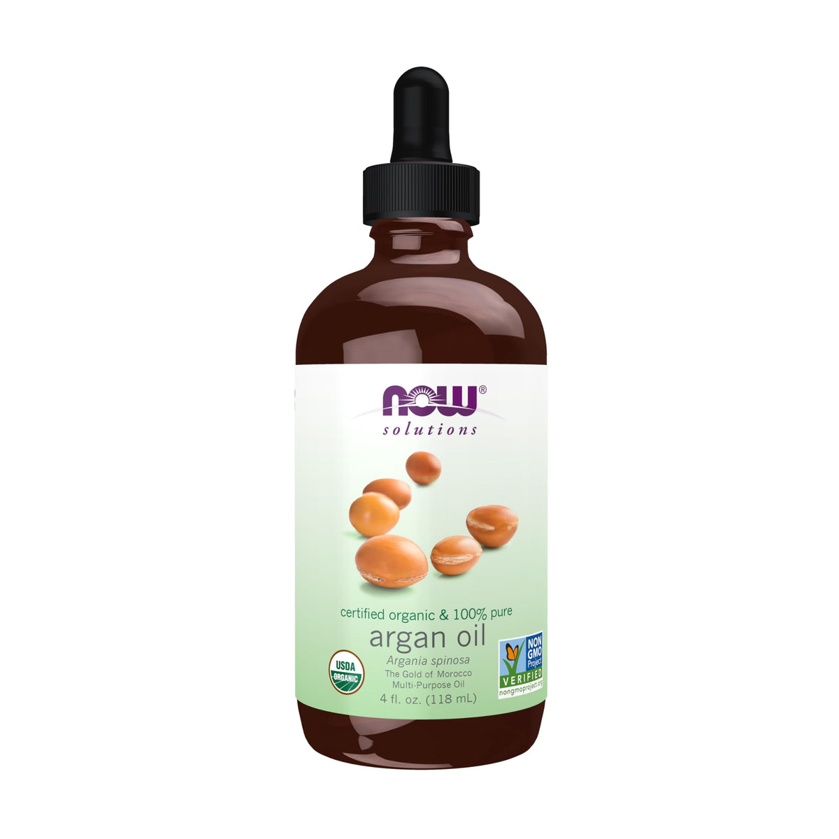 NOW Foods front packaging showing 4 oz organic argan oil, clear benefit: versatile moisturizer