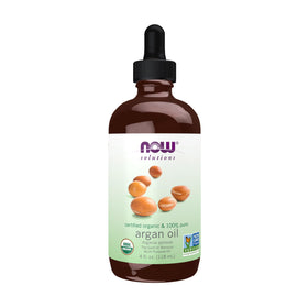 NOW Foods front packaging showing 4 oz organic argan oil, clear benefit: versatile moisturizer