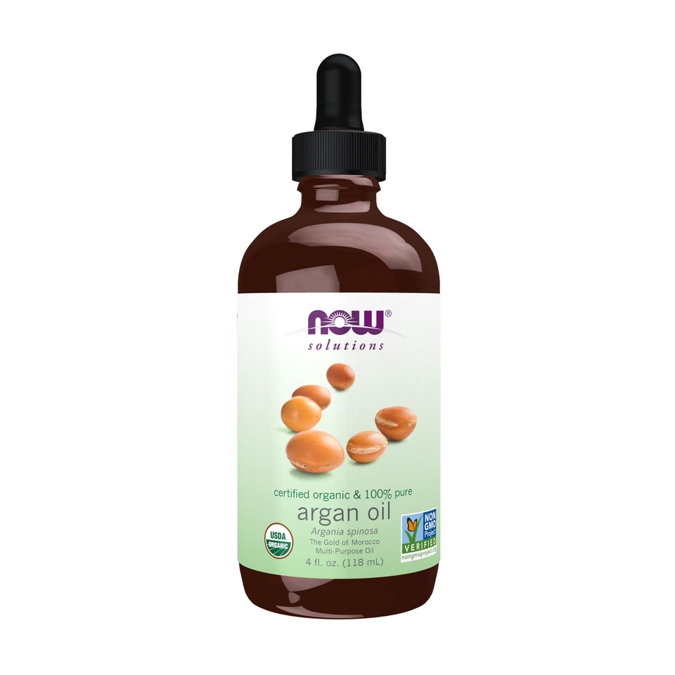 NOW Foods front packaging showing 4 oz organic argan oil, clear benefit: versatile moisturizer