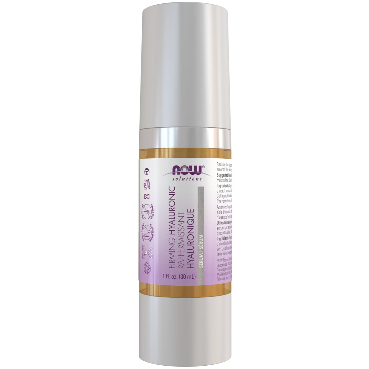 NOW Foods hyaluronic serum front packaging shows clean label and size benefit