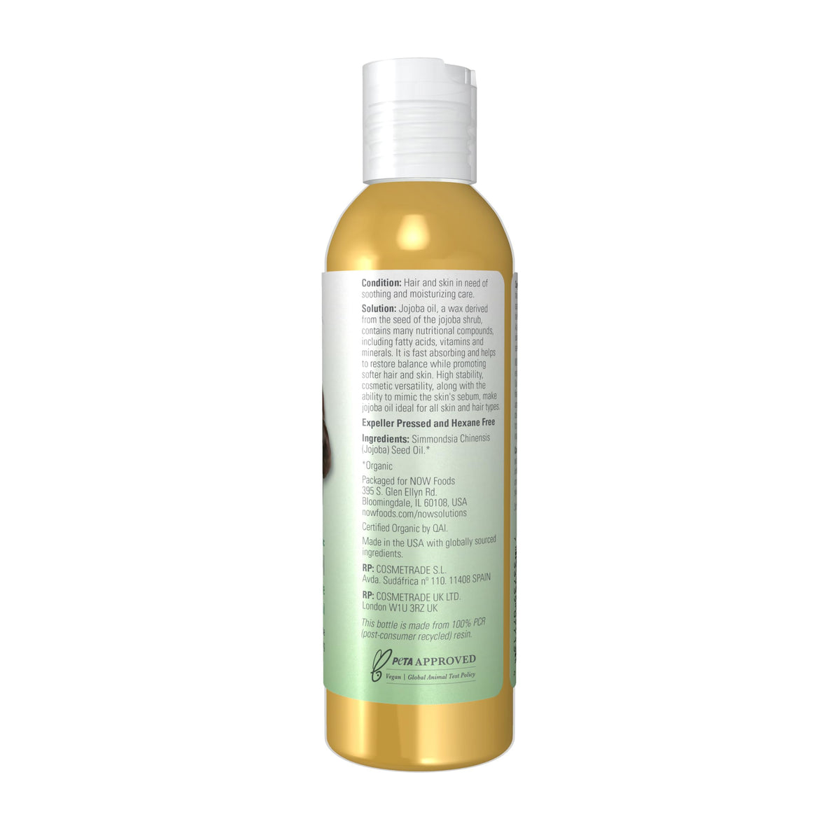 NOW Foods jojoba oil bottle cap and pour action demonstrating easy dispensing