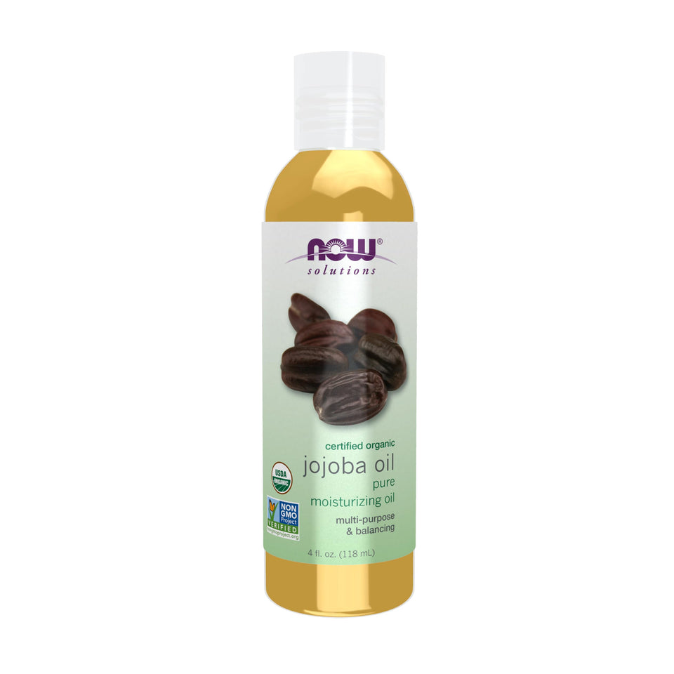 NOW Foods jojoba oil front label showing organic certification and clear benefits