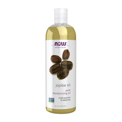 NOW Foods jojoba oil front packaging showing size and branding benefit hydration