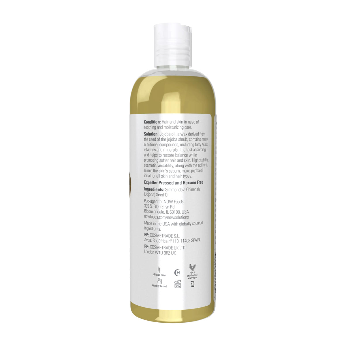 NOW Foods jojoba oil pour close-up showing lightweight texture and quick absorption