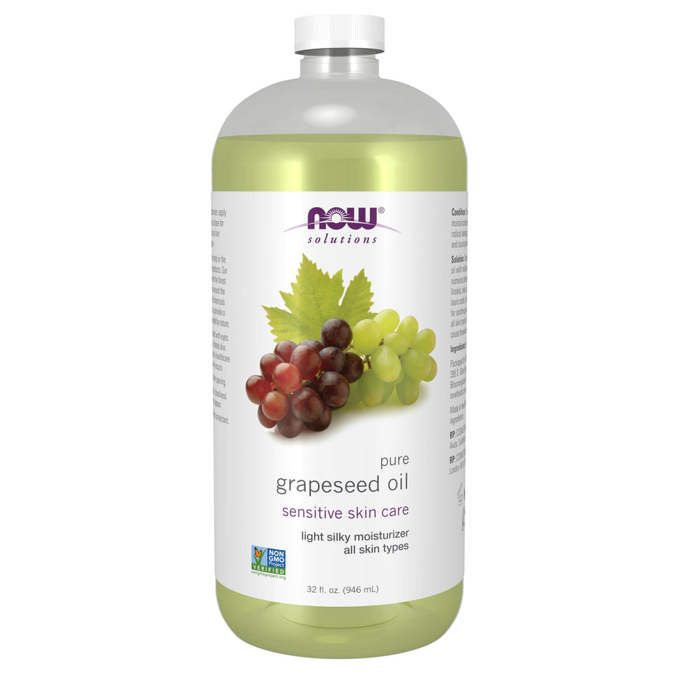 NOW grapeseed oil front bottle showing label and size benefit: clear branding and volume