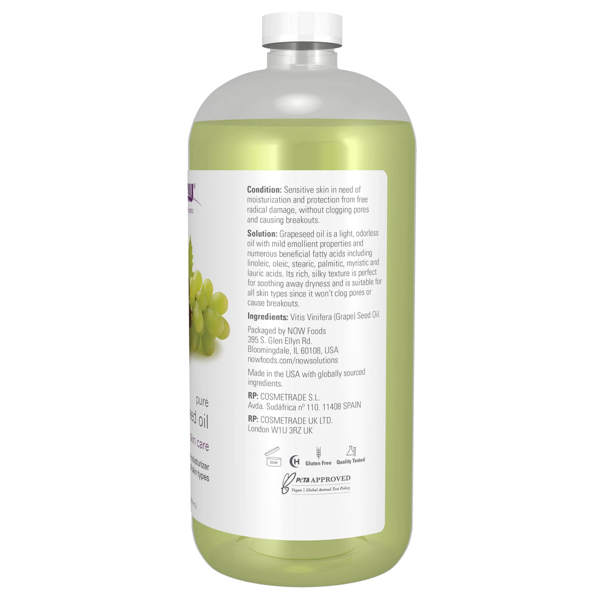 NOW grapeseed oil texture close-up demonstrating silky, lightweight hydration benefit