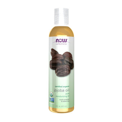 NOW Foods organic jojoba oil front bottle shows clean packaging and trusted brand benefit