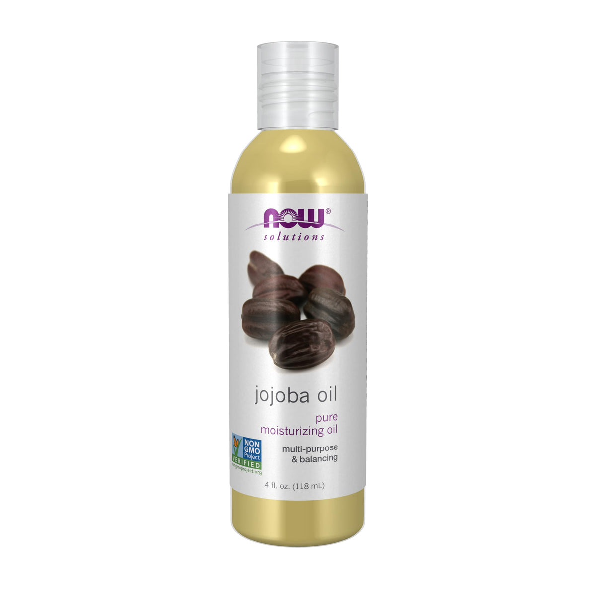 NOW Foods jojoba oil front bottle showing label and UV-protective clear bottle benefit