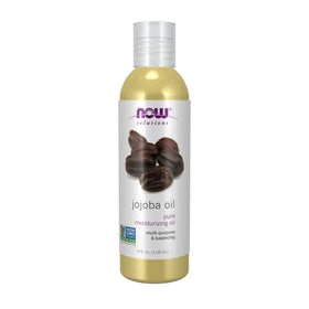 NOW Foods jojoba oil front bottle showing label and UV-protective clear bottle benefit