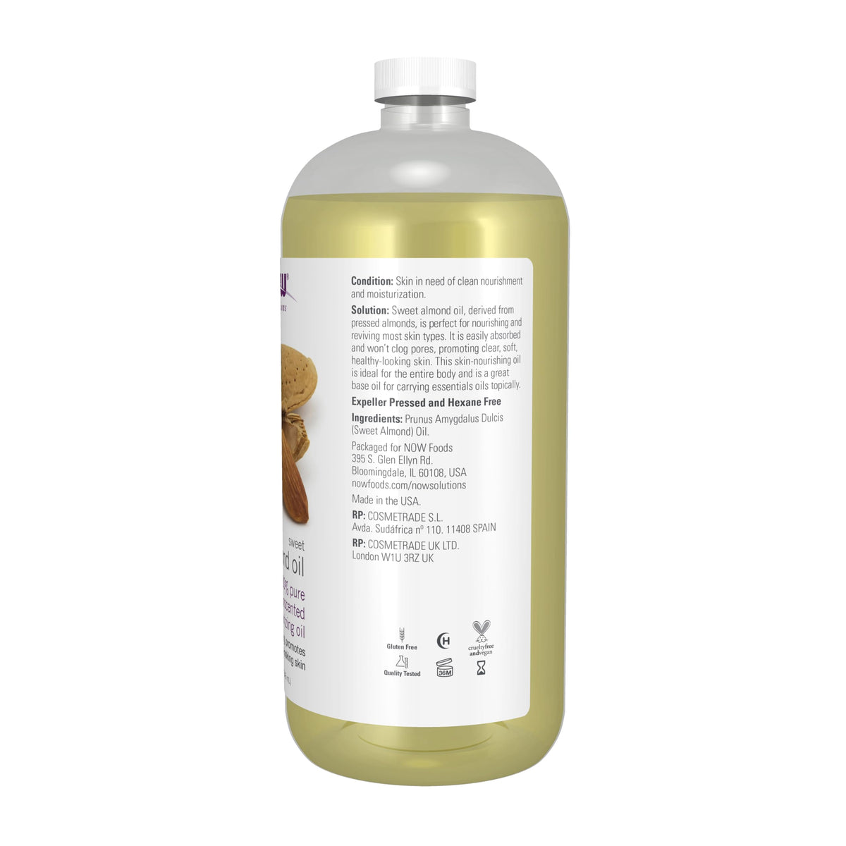 NOW Foods sweet almond oil pouring from bottle showing texture and clarity