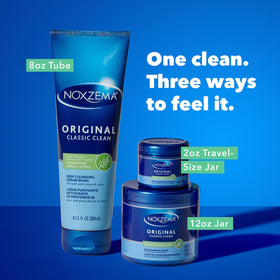Noxzema jars held in hand for scale, brand demonstrates size and portability