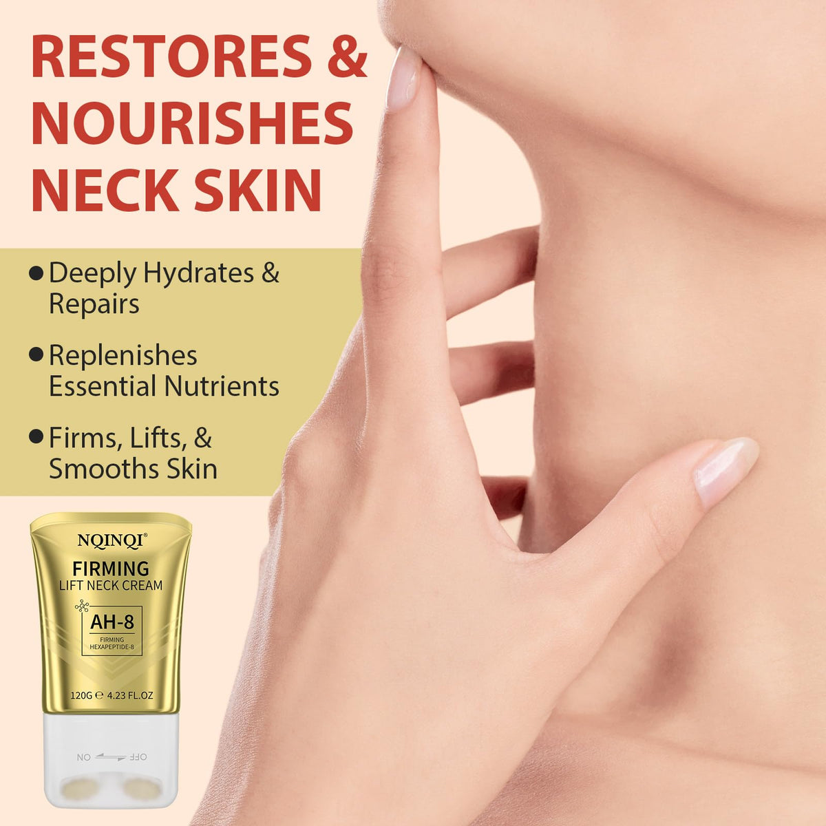 NQINQI chest area demo illustrating décolletage application and smoothing effect