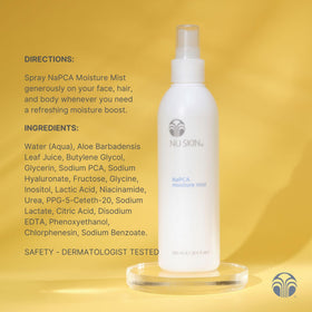 Nu Skin bottle beside common items to show 8.4 fl oz size and portability