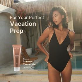 Nu Skin Sunright size scale with hand to illustrate 4.2 oz travel-friendly tube