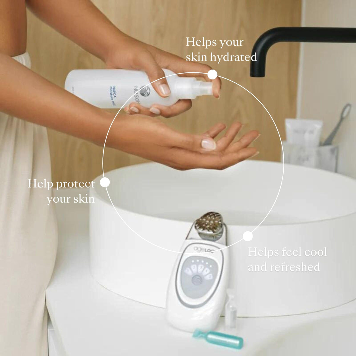 Nu Skin texture close-up highlighting clear, non-greasy formula benefits
