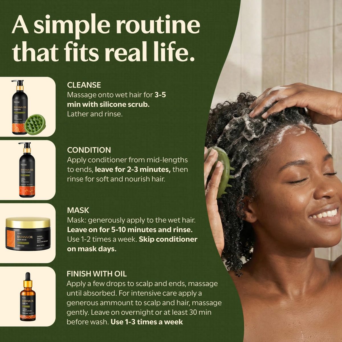 Nuani bottles staged in shower demonstrating pump convenience for daily routines