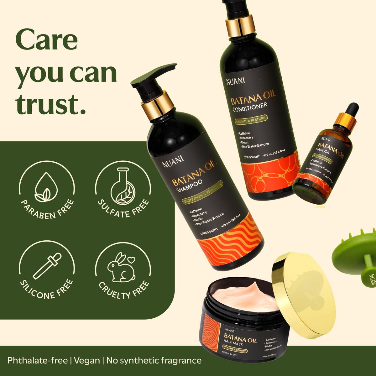 Nuani ingredients label close-up showing botanicals and clean formula transparency