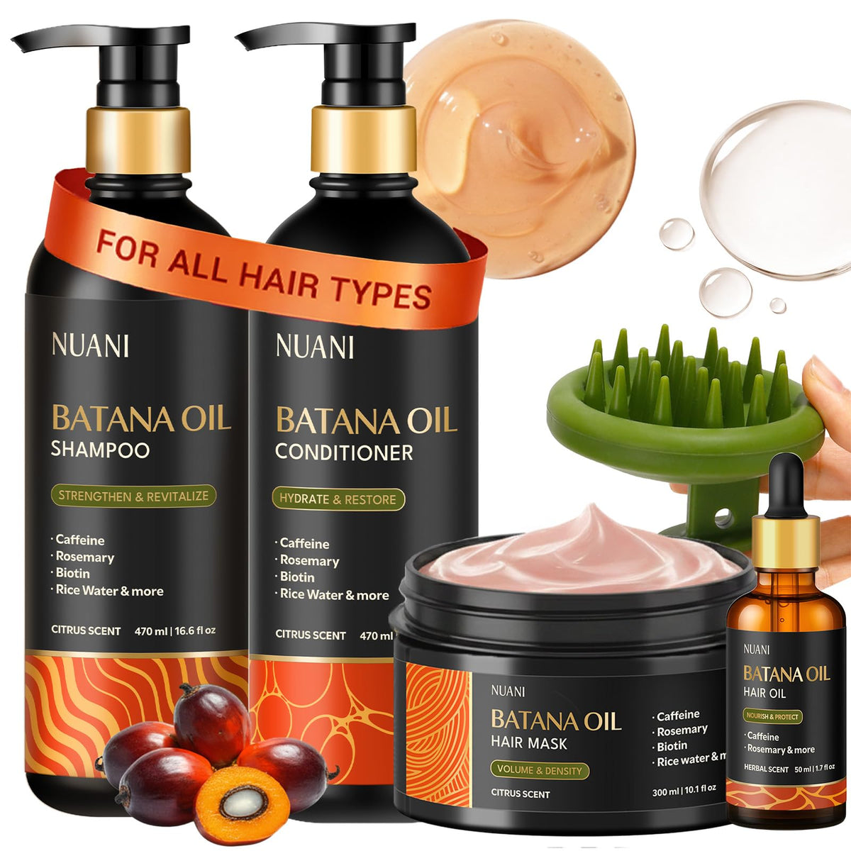 Nuani full Batana Oil set front view showing complete hair care kit and benefits