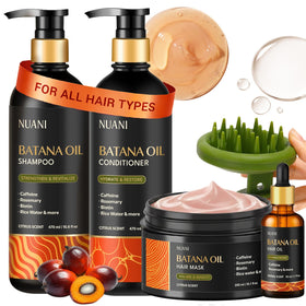 Nuani full Batana Oil set front view showing complete hair care kit and benefits