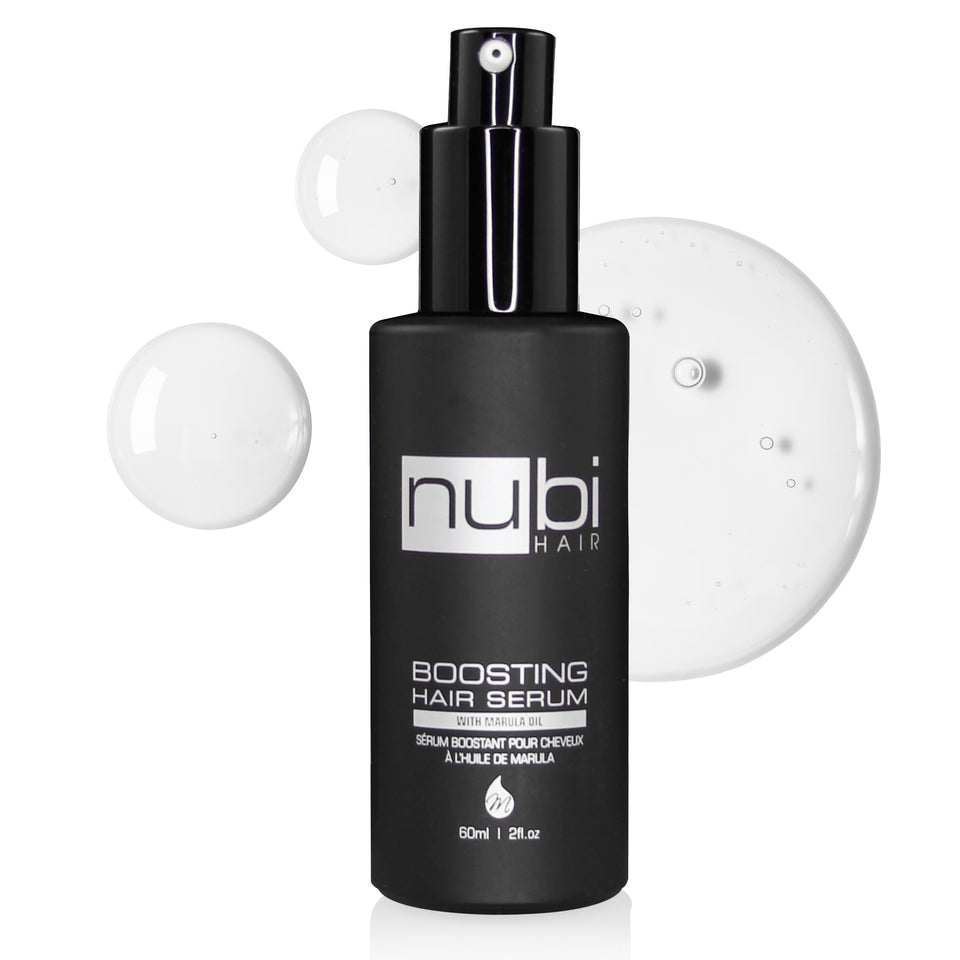 Nubi Marula serum front bottle showing sleek pump and label for easy application